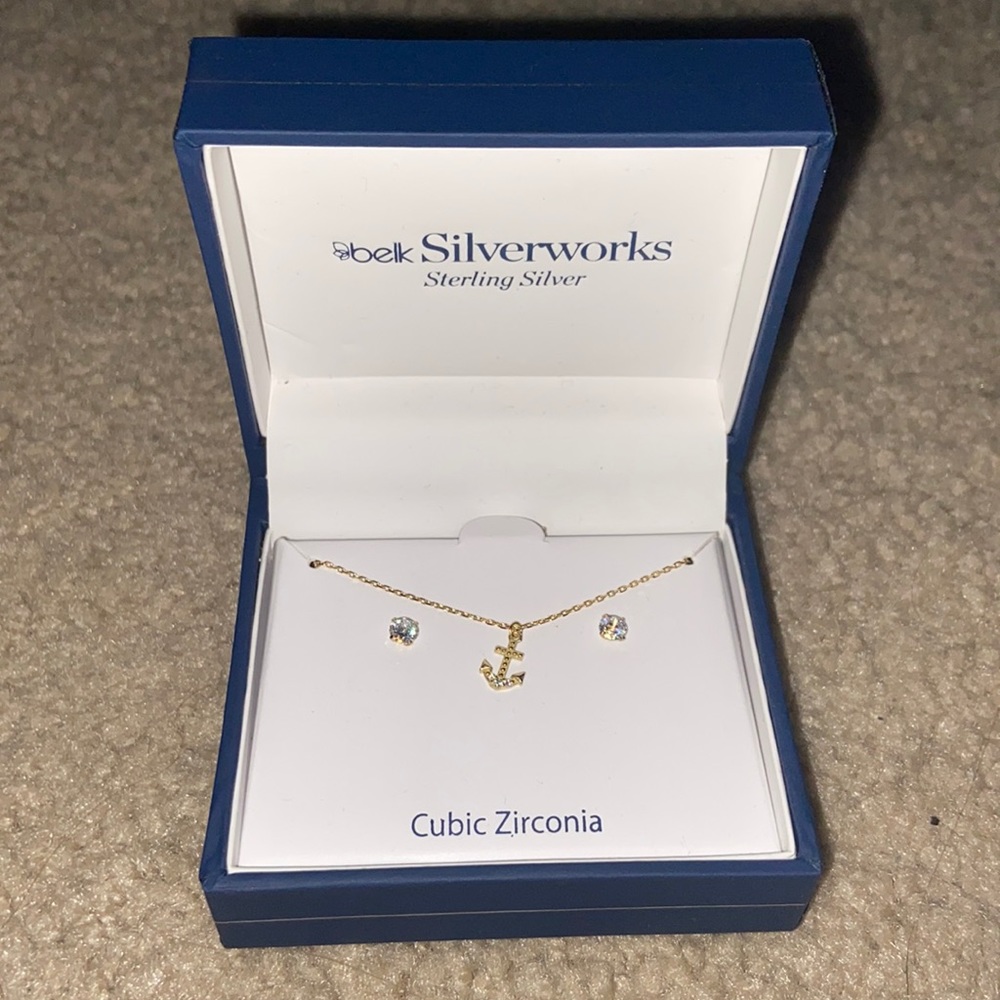 Belk Silverworks: Gold Anchor Necklace and Diamond Earring Set